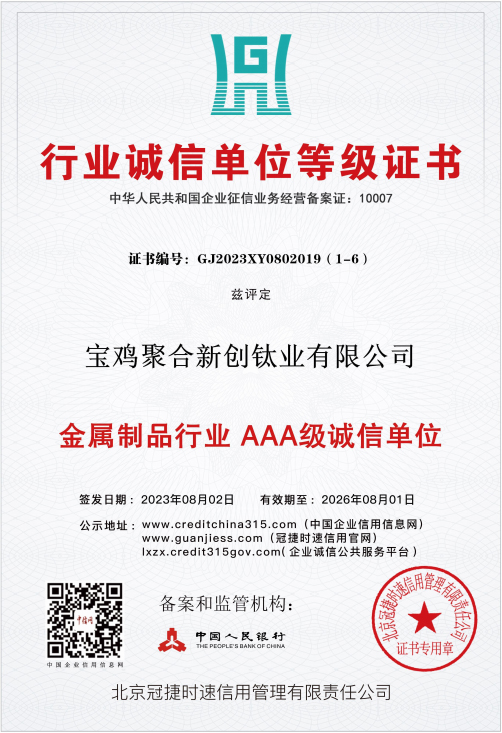 金属制品行业AAA级诚信单位